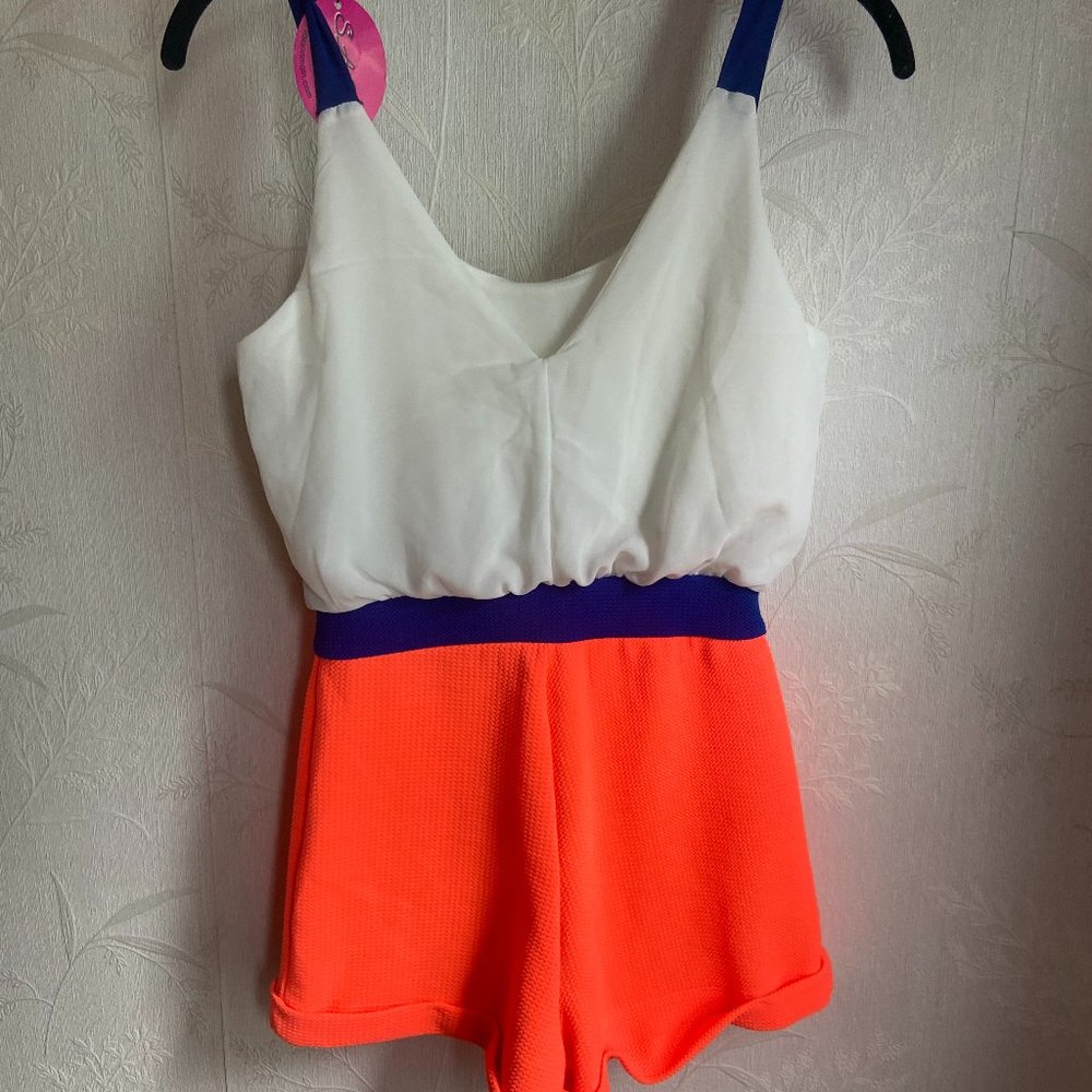Blue Mint Orange Blue Dayglow Romper NWT, Size S